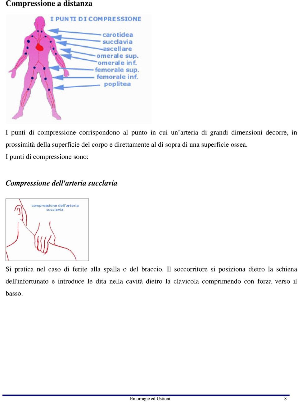 I punti di compressione sono: Compressione dell'arteria succlavia Si pratica nel caso di ferite alla spalla o del braccio.