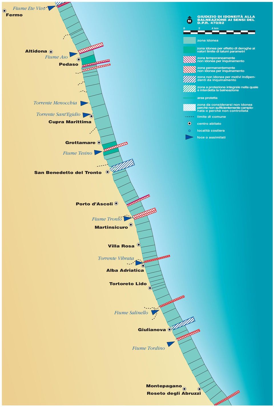 per motivi indipendenti da inquinamento zona a protezione integrale nella quale è interdetta la balneazione Torrente Menocchia Torrente Sant'Egidio Cupra Marittima zona da considerarsi non idonea