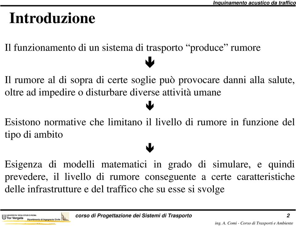 funzione del tipo di ambito Esigenza di modelli matematici in grado di simulare, e quindi prevedere, il livello di rumore