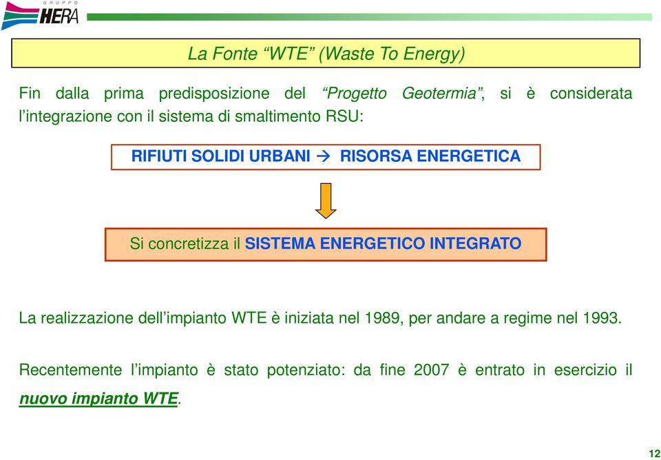 SISTEMA ENERGETICO INTEGRATO La realizzazione dell impianto WTE è iniziata nel 1989, per andare a regime nel