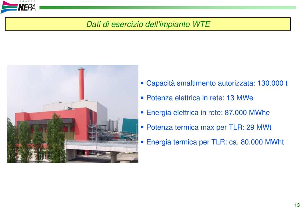 000 t Potenza elettrica in rete: 13 MWe Energia elettrica