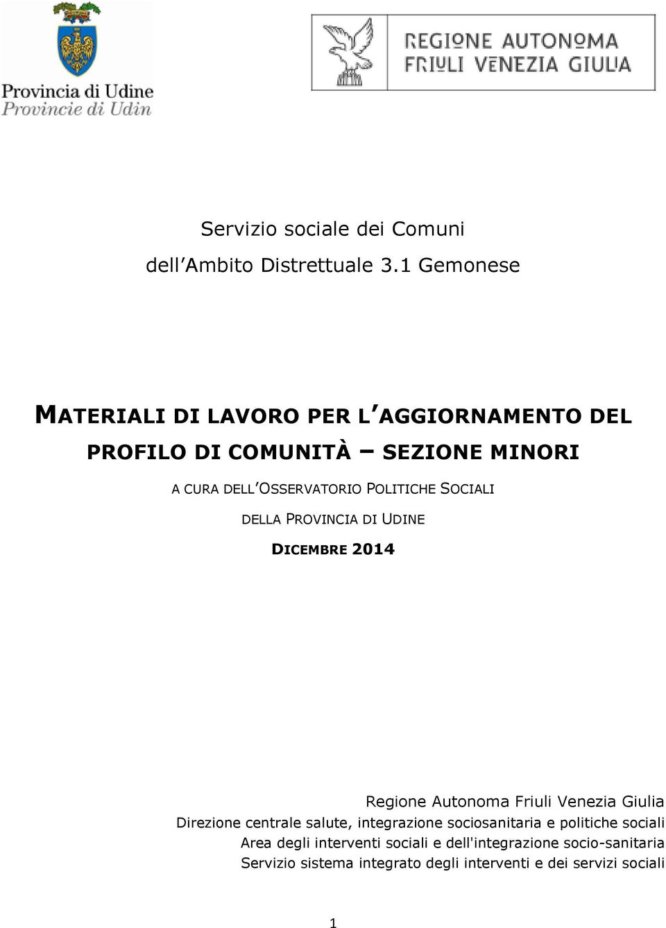 POLITICHE SOCIALI DELLA PROVINCIA DI UDINE DICEMBRE 2014 Regione Autonoma Friuli Venezia Giulia Direzione centrale