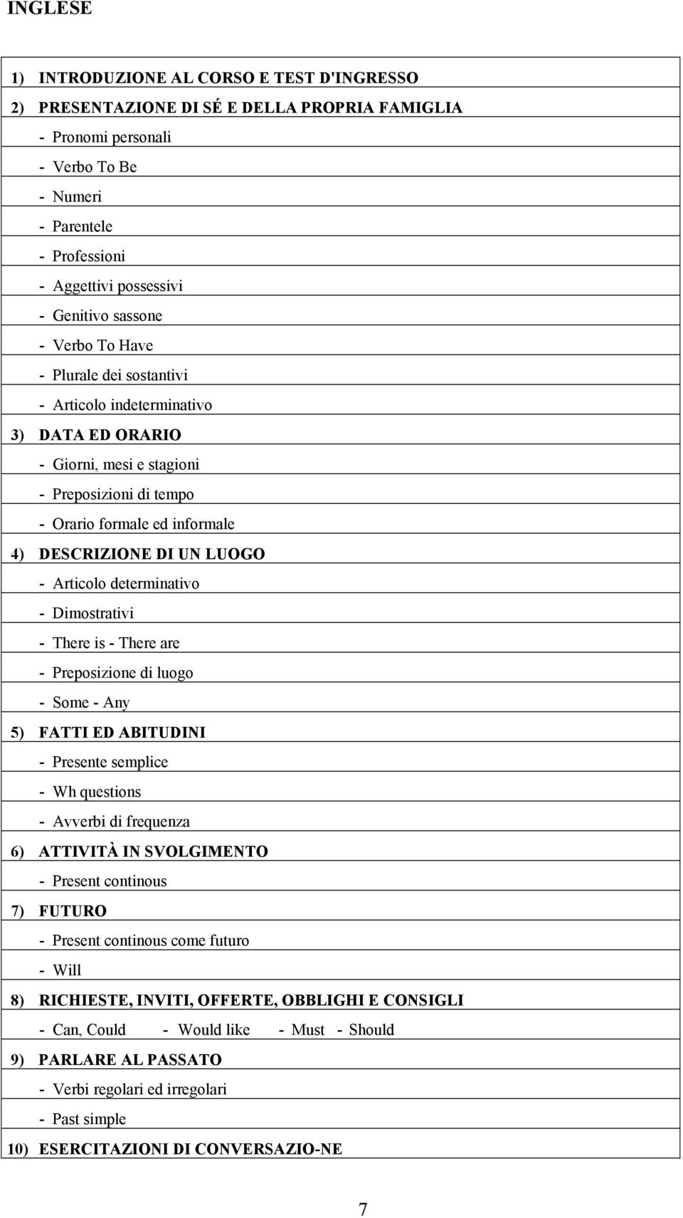 DI UN LUOGO - Articolo determinativo - Dimostrativi - There is - There are - Preposizione di luogo - Some - Any 5) FATTI ED ABITUDINI - Presente semplice - Wh questions - Avverbi di frequenza 6)