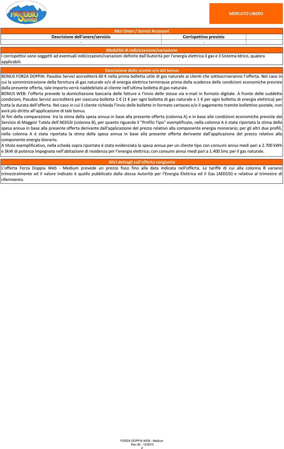 Descrizione dello sconto e/o del bonus BONUS FORZA DOPPIA: Pasubio Servizi accrediterà 60 nella prima bolletta utile di gas naturale ai clienti che sottoscriveranno l offerta.