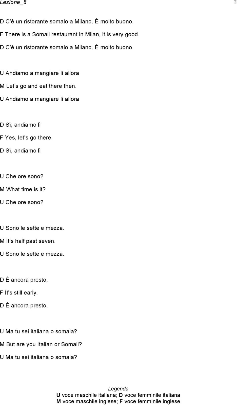 M It s half past seven. U Sono le sette e mezza. D È ancora presto. F It s still early. D È ancora presto. U Ma tu sei italiana o somala?