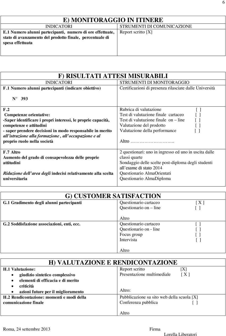 1 Numero alunni partecipanti (indicare obiettivo) N 393 F) RISULTATI ATTESI MISURABILI STRUMENTI DI MONITORAGGIO Certificazioni di presenza rilasciate dalle Università F.