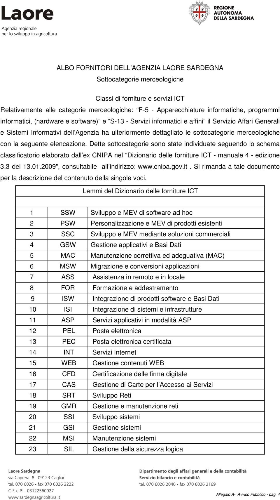 con la seguente elencazione. Dette sottocategorie sono state individuate seguendo lo schema classificatorio elaborato dall ex CNIPA nel Dizionario delle forniture ICT - manuale 4 - edizione 3.