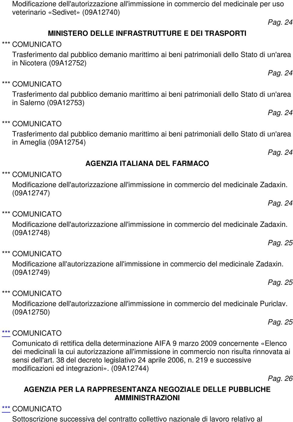 Trasferimento dal pubblico demanio marittimo ai beni patrimoniali dello Stato di un'area in Ameglia (09A12754) AGENZIA ITALIANA DEL FARMACO Modificazione dell'autorizzazione all'immissione in