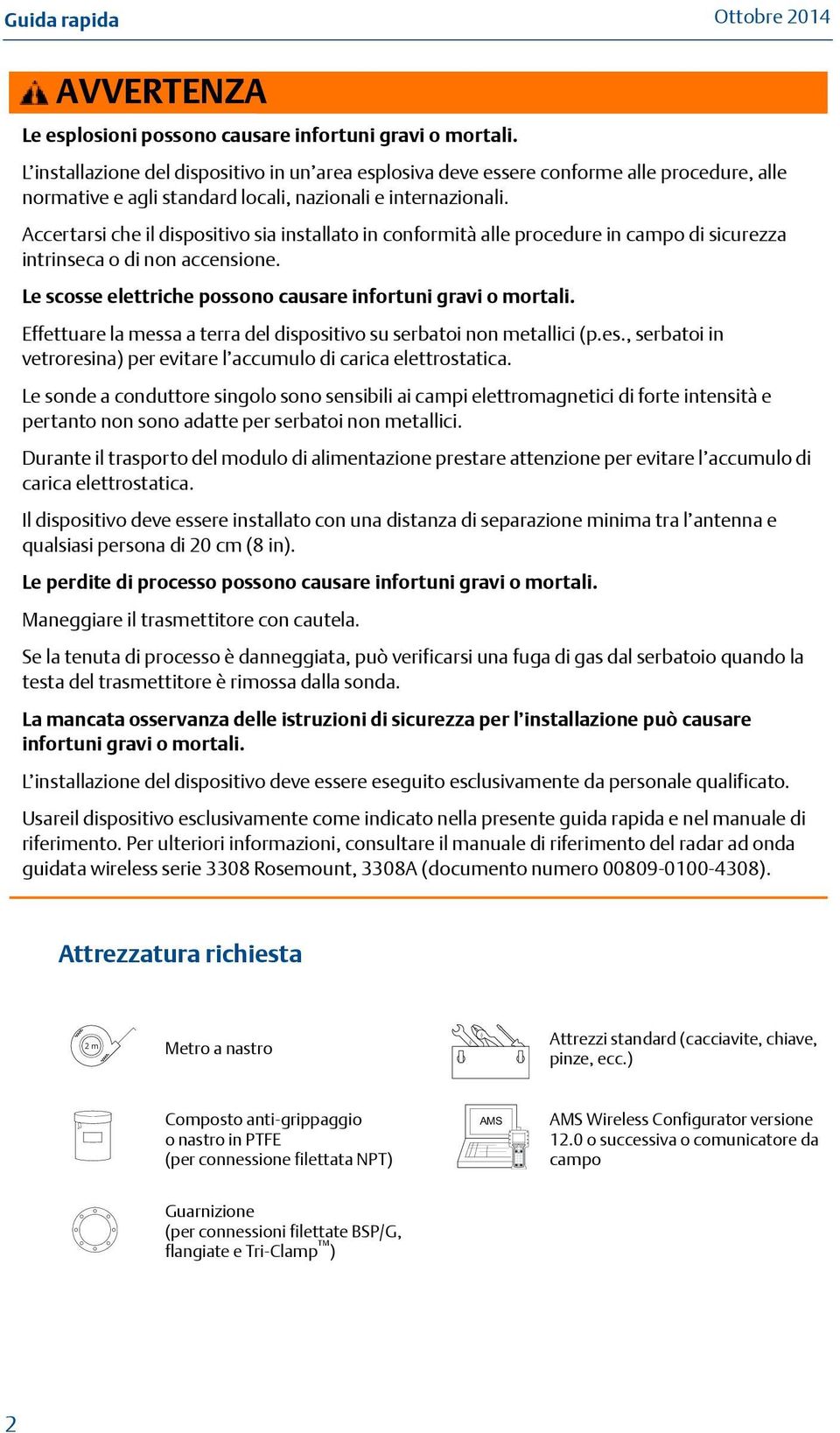 Accertarsi che il dispositivo sia installato in conformità alle procedure in campo di sicurezza intrinseca o di non accensione. Le scosse elettriche possono causare infortuni gravi o mortali.