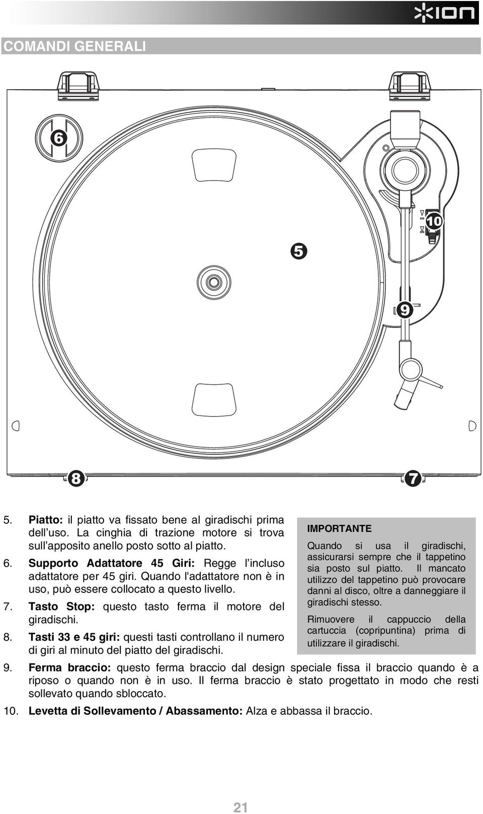 Tasti 33 e 45 giri: questi tasti controllano il numero di giri al minuto del piatto del giradischi. IMPORTANTE Quando si usa il giradischi, assicurarsi sempre che il tappetino sia posto sul piatto.