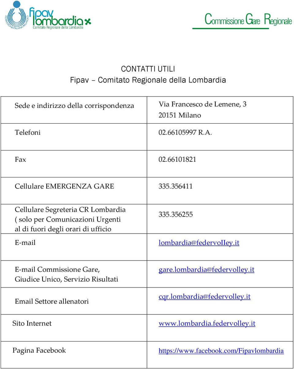 356411 Cellulare Segreteria CR Lombardia ( solo per Comunicazioni Urgenti al di fuori degli orari di ufficio E-mail 335.356255 lombardia@federvoiiey.