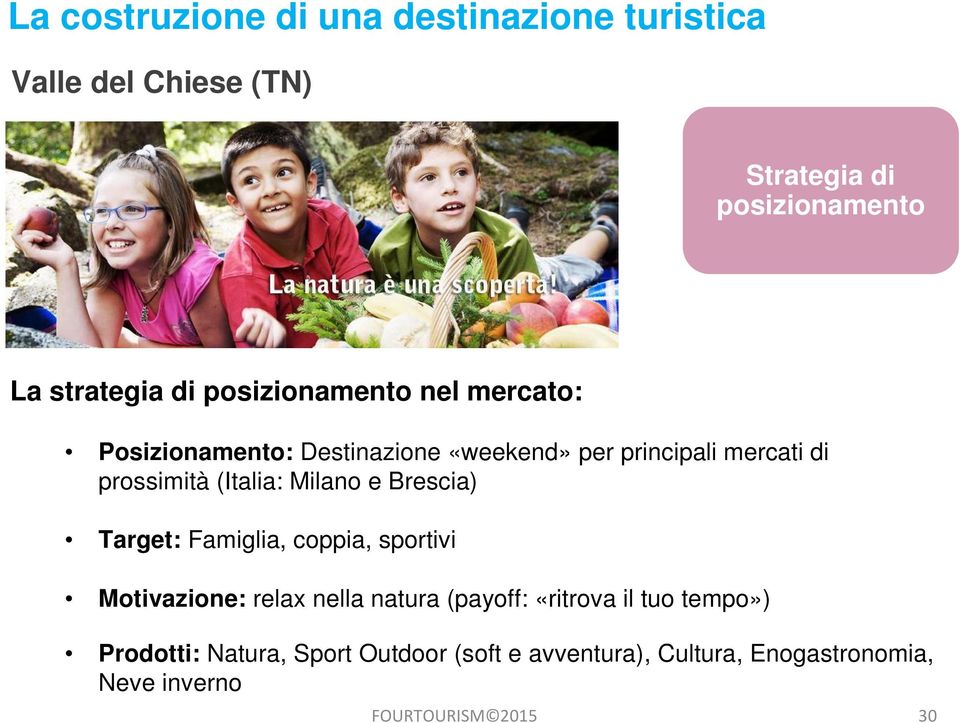 (Italia: Milano e Brescia) Target: Famiglia, coppia, sportivi Motivazione: relax nella natura (payoff: