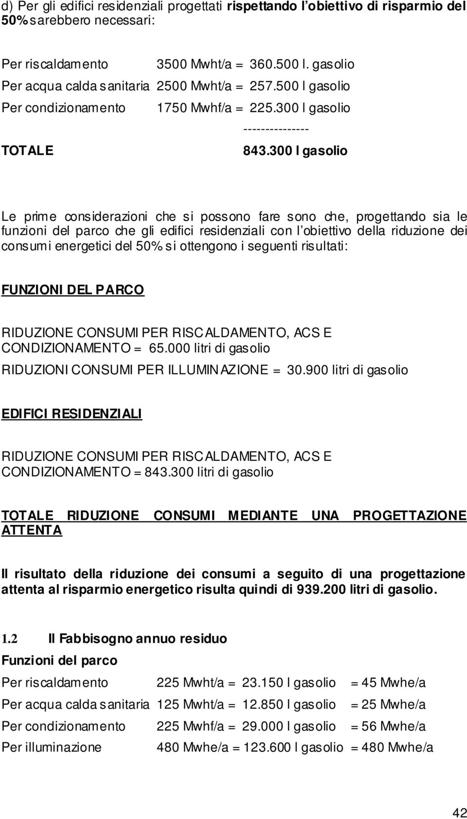 300 l gasolio Le prime considerazioni che si possono fare sono che, progettando sia le funzioni del parco che gli edifici residenziali con l obiettivo della riduzione dei consumi energetici del 50%