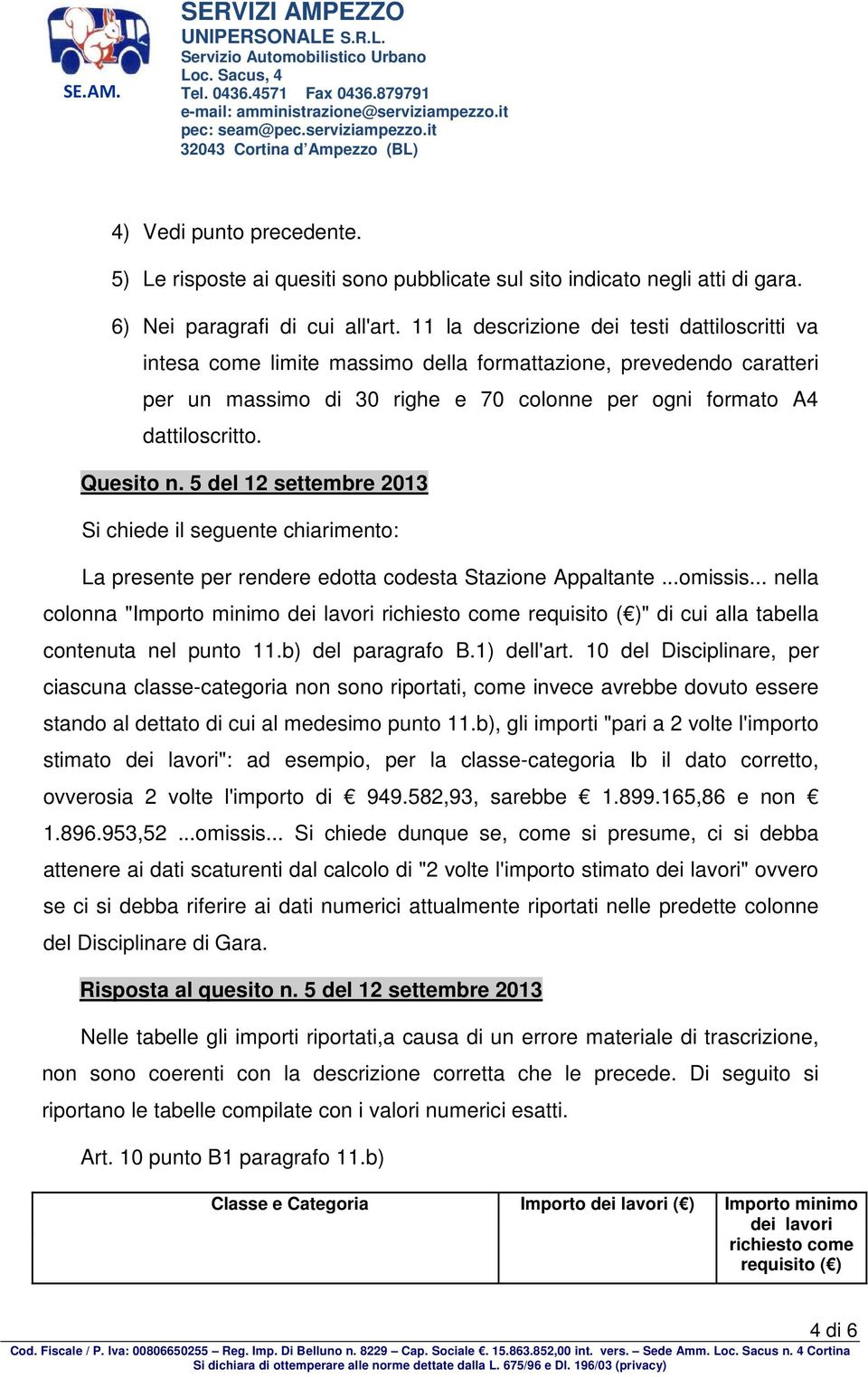 Quesito n. 5 del 12 settembre 2013 Si chiede il seguente chiarimento: La presente per rendere edotta codesta Stazione Appaltante...omissis.