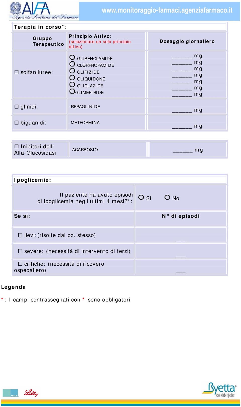 -ACARBOSIO Ipoglicemie: Il paziente ha avuto episodi di ipoglicemia negli ultimi 4 mesi?*: Sì No Se sì: N di episodi lievi:(risolte dal pz.