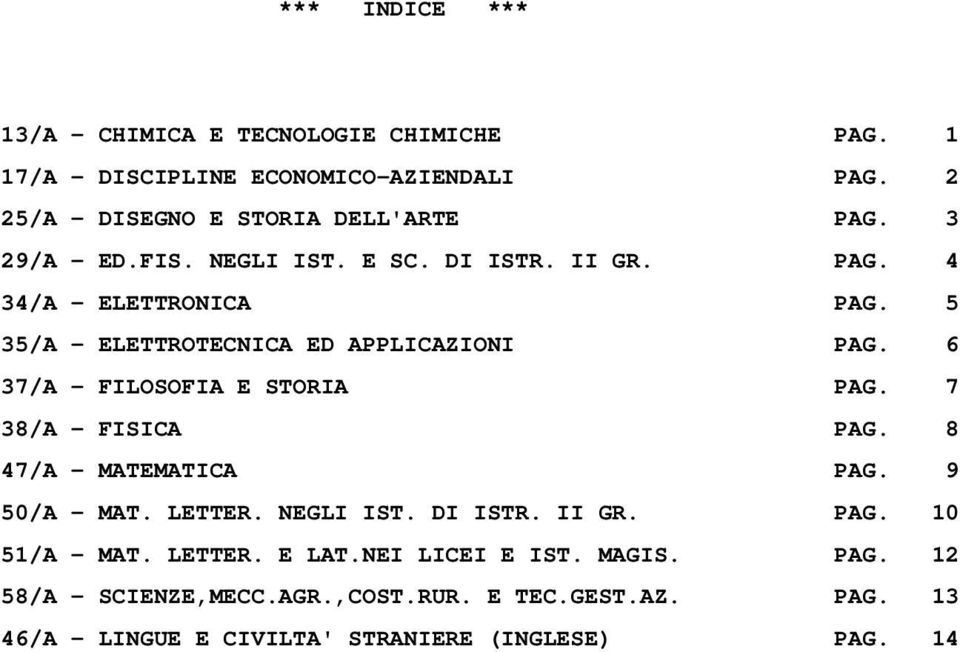 6 37/A - FILOSOFIA E STORIA PAG. 7 38/A - FISICA PAG. 8 47/A - MATEMATICA PAG. 9 50/A - MAT. LETTER. NEGLI IST. DI ISTR. II GR. PAG. 10 51/A - MAT.