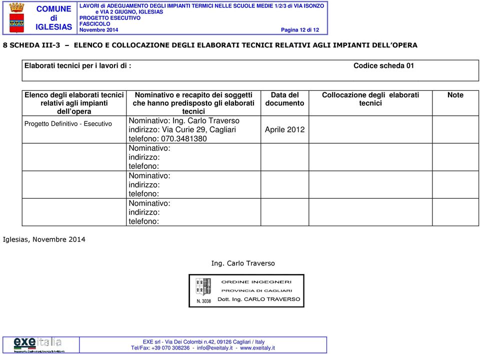 relativi agli impianti dell opera Progetto Definitivo - Esecutivo Nominativo e recapito dei soggetti che hanno presposto gli elaborati tecnici Ing.