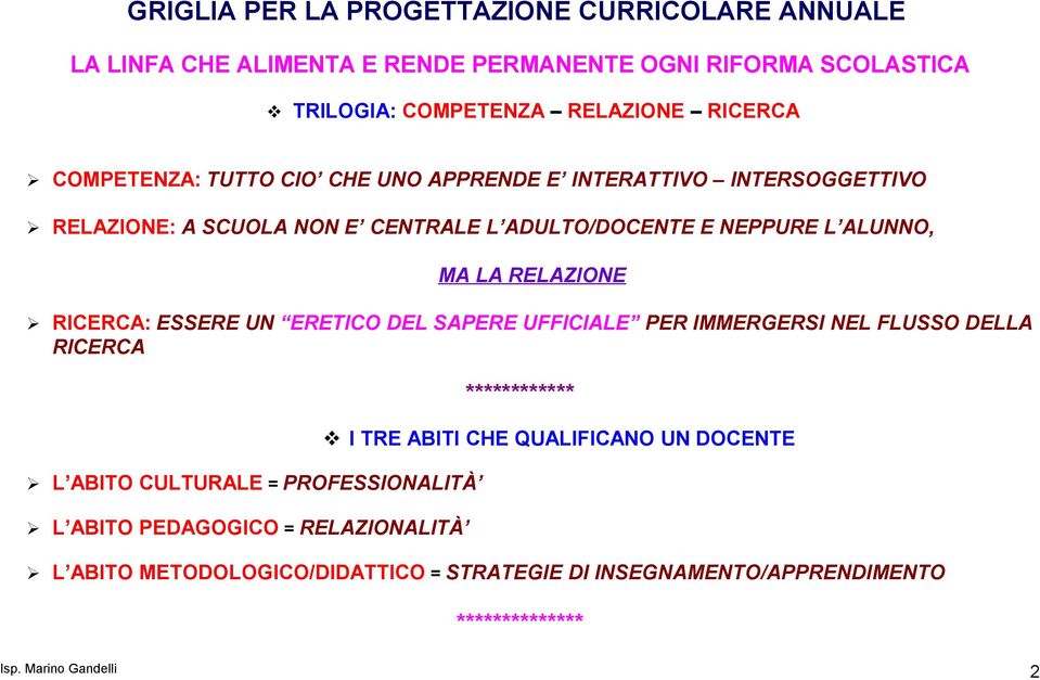 RICERCA: ESSERE UN ERETICO DEL SAPERE UFFICIALE PER IMMERGERSI NEL FLUSSO DELLA RICERCA L ABITO CULTURALE = PROFESSIONALITÀ L ABITO PEDAGOGICO =