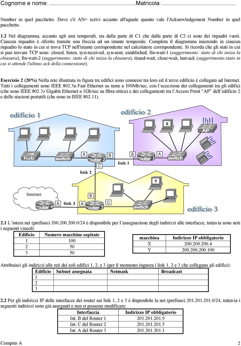 Completa il diagramma inserendo in ciascun riquadro lo stato in cui si trova TCP nell'istante corrispondente nel calcolatore corrispondente.