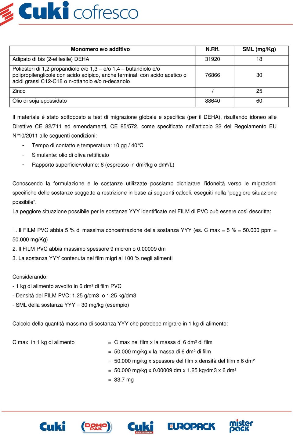 grassi C12-C18 o n-ottanolo e/o n-decanolo 76866 30 Zinco / 25 Olio di soja epossidato 88640 60 Il materiale è stato sottoposto a test di migrazione globale e specifica (per il DEHA), risultando