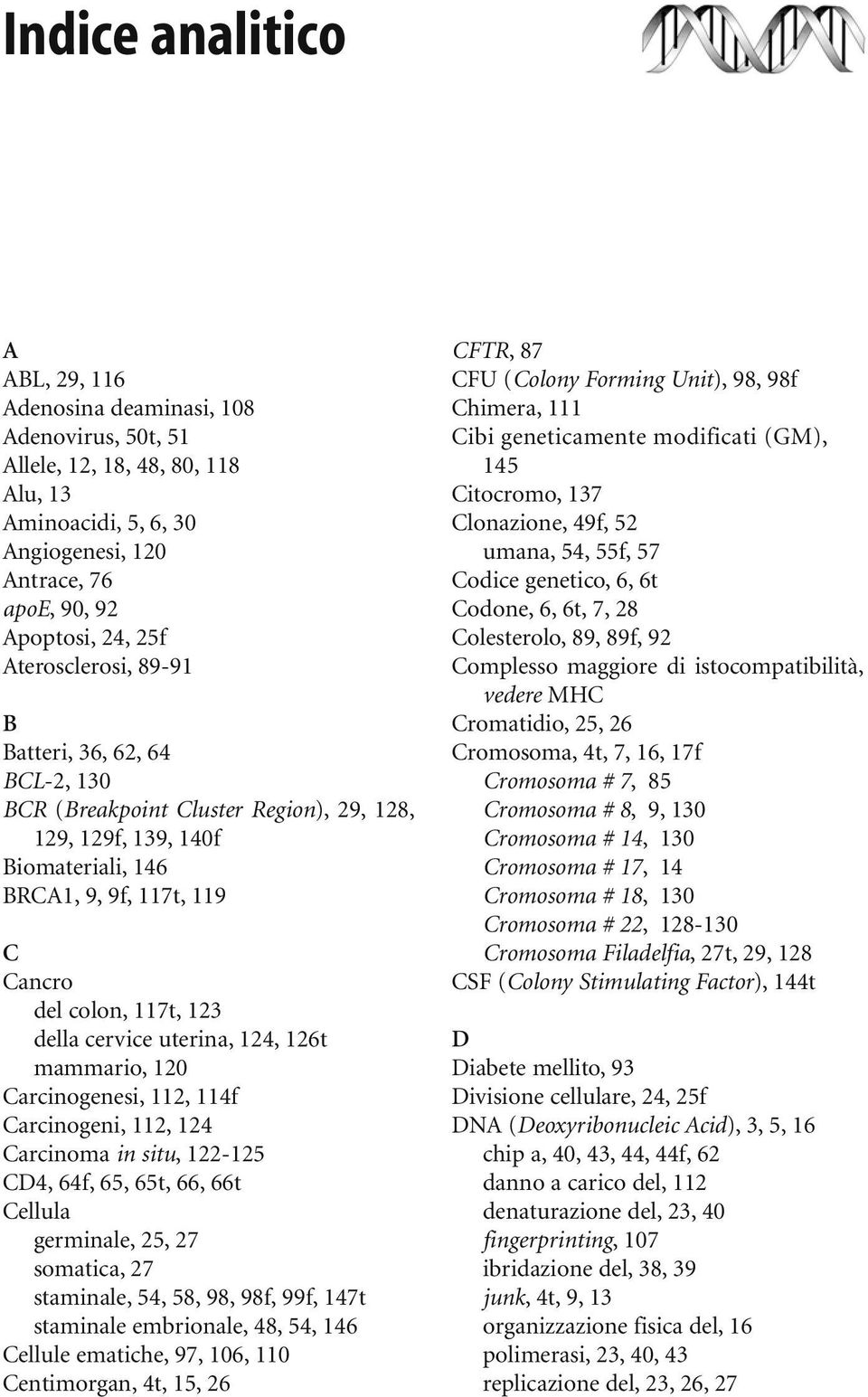 cervice uterina, 124, 126t mammario, 120 Carcinogenesi, 112, 114f Carcinogeni, 112, 124 Carcinoma in situ, 122-125 CD4, 64f, 65, 65t, 66, 66t Cellula germinale, 25, 27 somatica, 27 staminale, 54, 58,