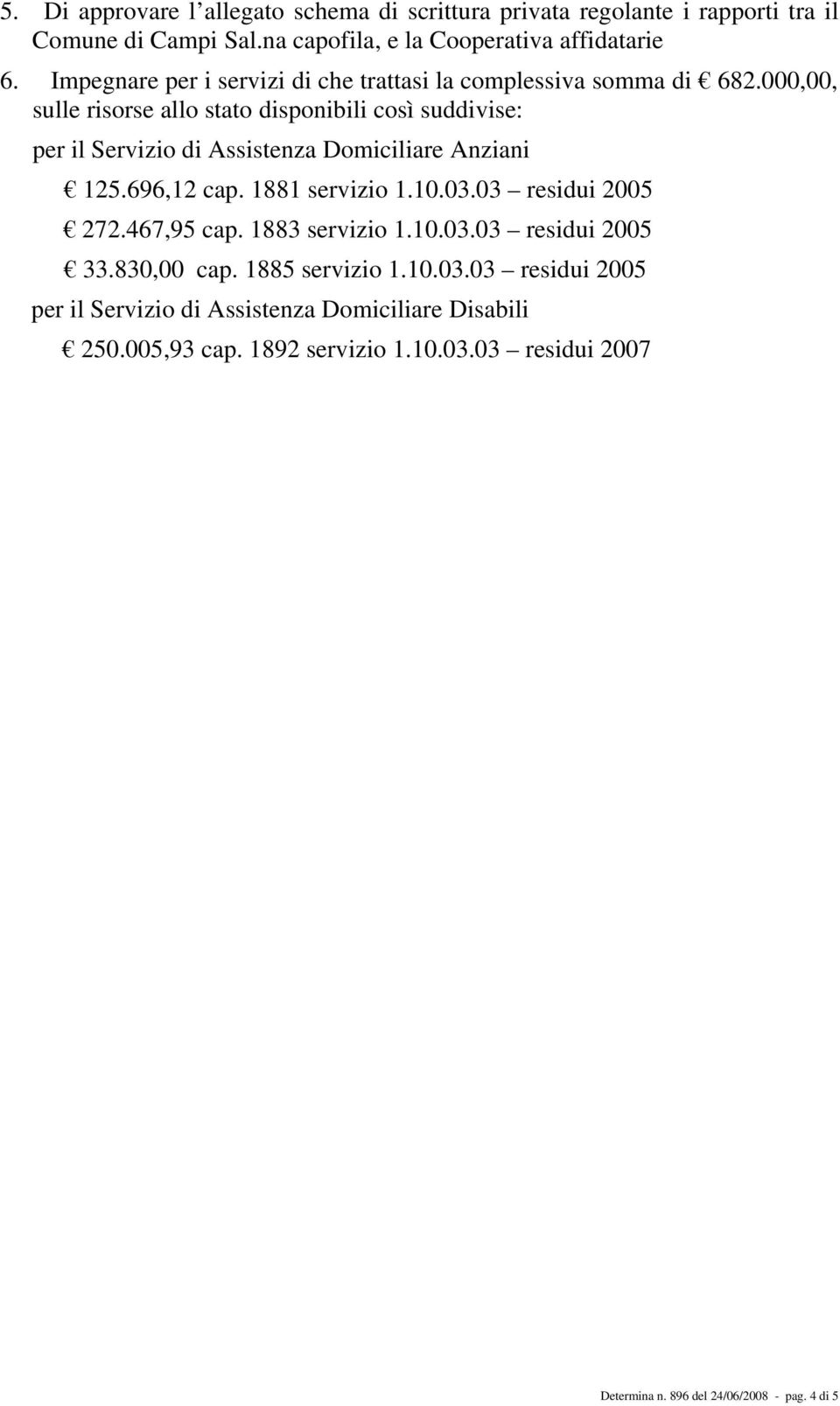 000,00, sulle risorse allo stato disponibili così suddivise: per il Servizio di Assistenza Domiciliare Anziani 125.696,12 cap. 1881 servizio 1.10.03.