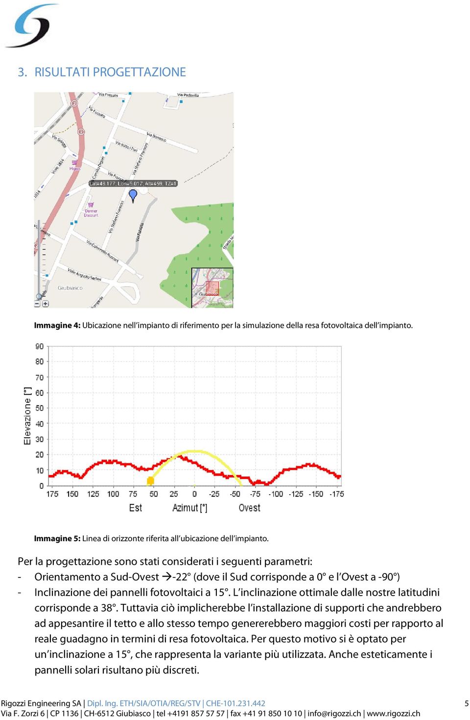 Per la progettazione sono stati considerati i seguenti parametri: - Orientamento a Sud-Ovest -22 (dove il Sud corrisponde a 0 e l Ovest a -90 ) - Inclinazione dei pannelli fotovoltaici a 15.