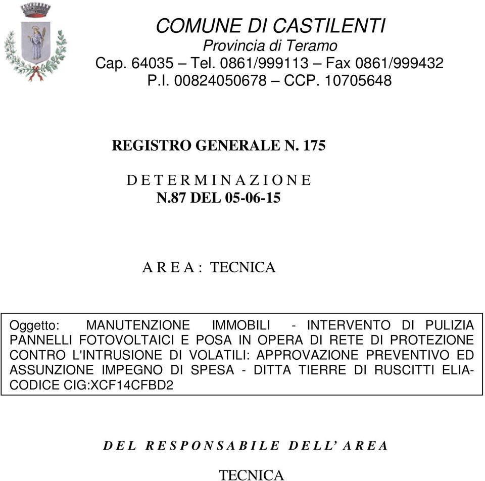 87 DEL 05-06-15 A R E A : TECNICA Oggetto: MANUTENZIONE IMMOBILI - INTERVENTO DI PULIZIA PANNELLI FOTOVOLTAICI E POSA IN OPERA