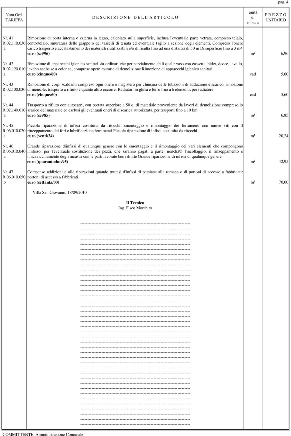 crico trsporto e cctstmento dei mterili riutilizzbili e/o risult fino d un stnz 50 m Di superficie fino 3 m² euro (sei/96) m² 6,96 Nr.