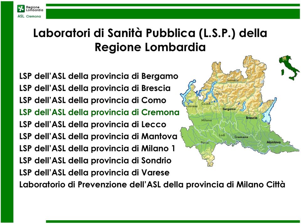 ) della Regione Lombardia LSP dell ASL della provincia di Bergamo LSP dell ASL della provincia di Brescia LSP dell ASL