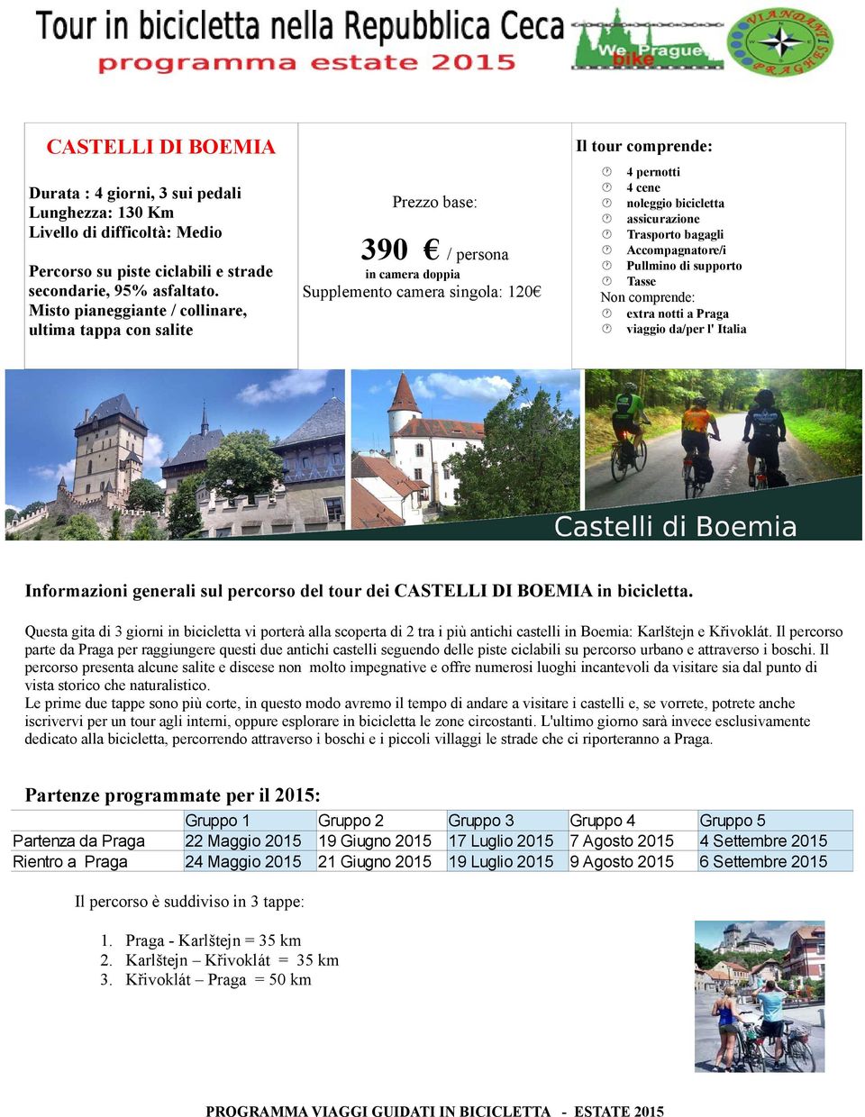 bagagli Accompagnatore/i Pullmino di supporto Tasse Non comprende: extra notti a Praga viaggio da/per l' Italia Informazioni generali sul percorso del tour dei CASTELLI DI BOEMIA in bicicletta.