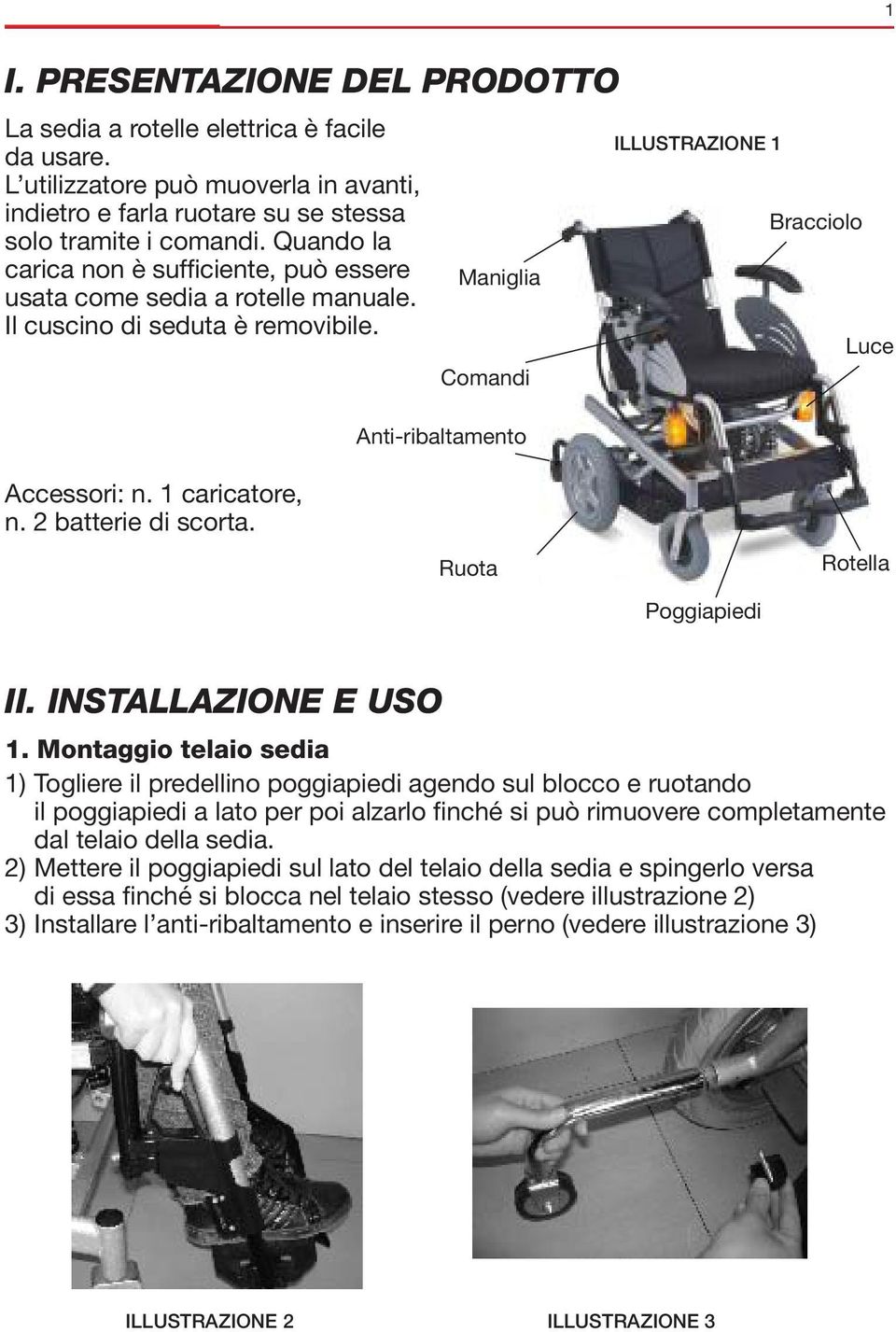 1 caricatore, n. 2 batterie di scorta. Ruota Rotella Poggiapiedi II. INSTALLAZIONE E USO 1.