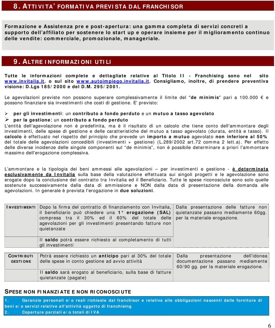 ALTRE INFORMAZIONI UTILI Tutte le informazioni complete e dettagliate relative al Titolo II - Franchising sono nel sito www.invitalia.it. o sul sito www.autoimpiego.invitalia.it. Consigliamo, inoltre, di prendere preventiva visione: D.