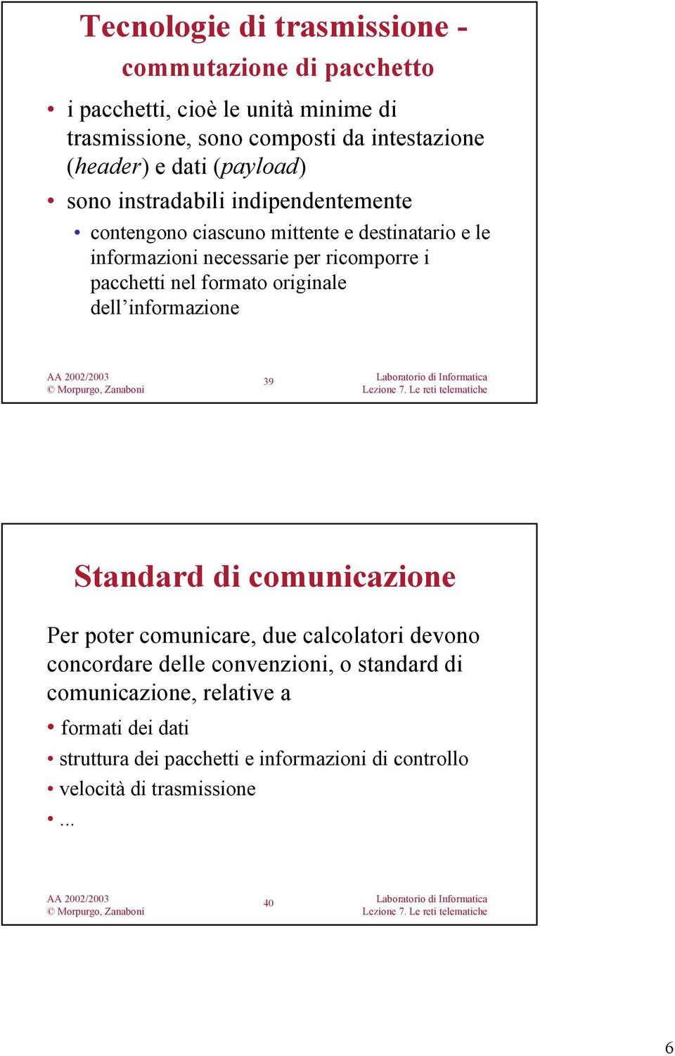 pacchetti nel formato originale dell informazione 39 Standard di comunicazione Per poter comunicare, due calcolatori devono concordare delle