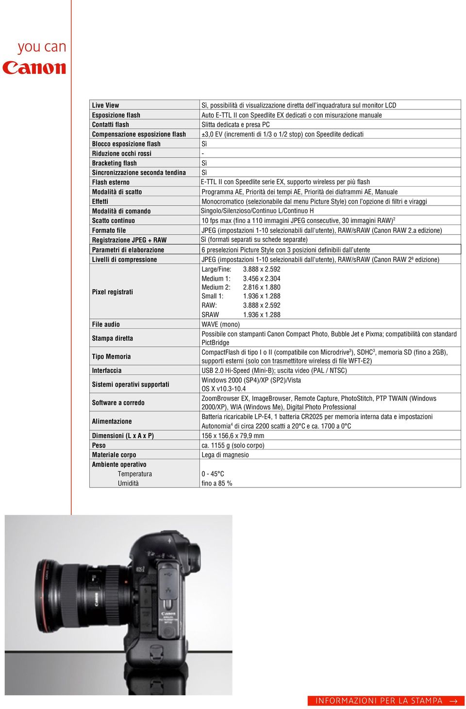 tendina Flash esterno E-TTL II con Speedlite serie EX, supporto wireless per più flash Modalità di scatto Programma AE, Priorità dei tempi AE, Priorità dei diaframmi AE, Manuale Effetti Monocromatico