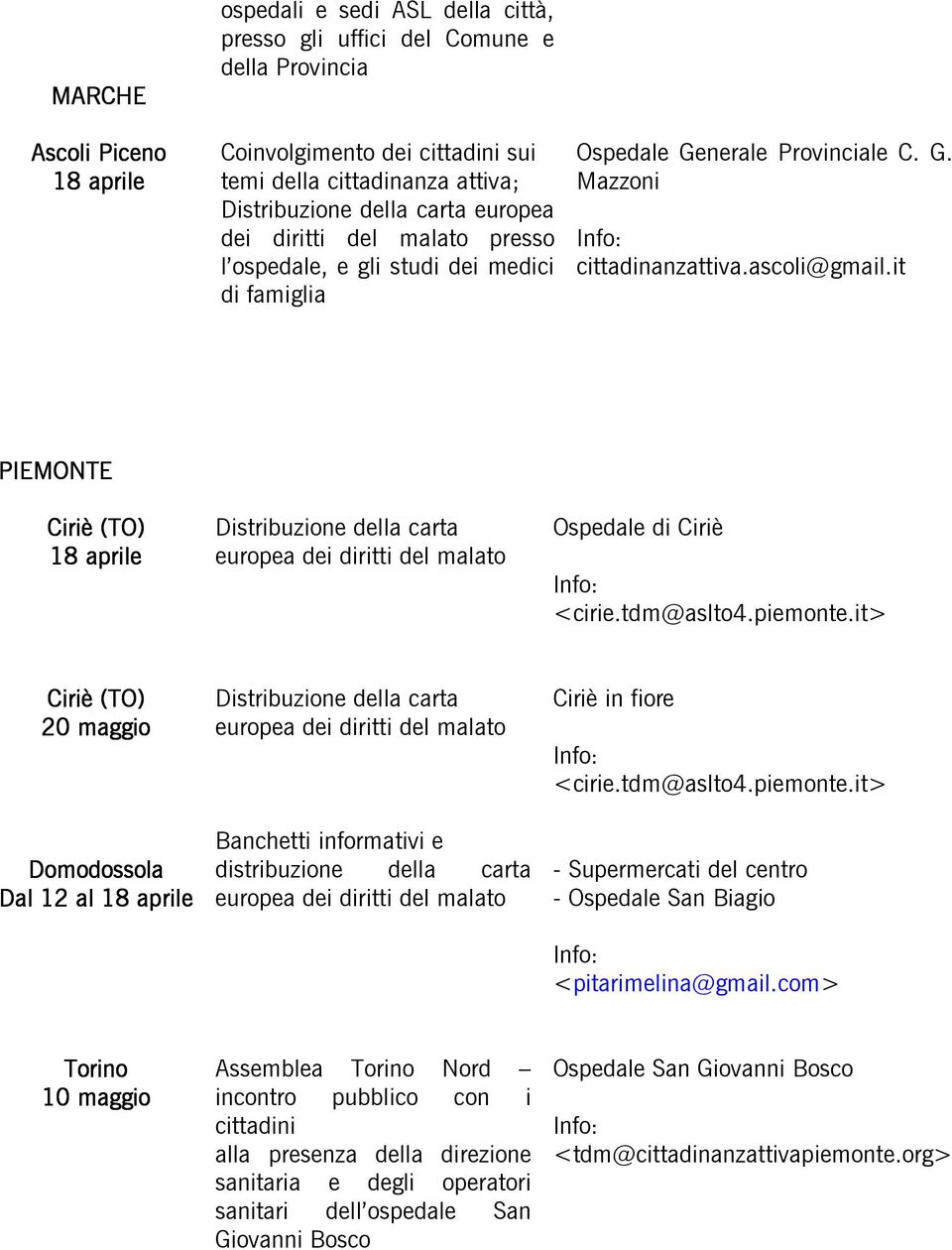 it> Ciriè (TO) 20 maggio Domodossola Dal 12 al Banchetti informativi e distribuzione della carta Ciriè in fiore <cirie.tdm@aslto4.piemonte.