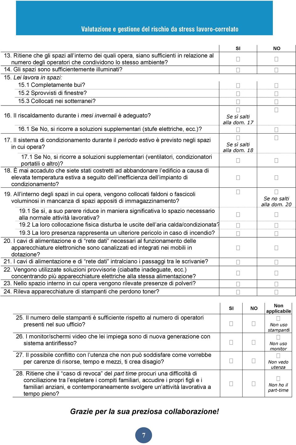 1 Se No, si ricorre a soluzioni supplementari (stufe elettriche, ecc.)? 17. Il sistema di condizionamento durante il periodo estivo è previsto negli spazi in cui opera? 17.1 Se No, si ricorre a soluzioni supplementari (ventilatori, condizionatori portatili o altro)?