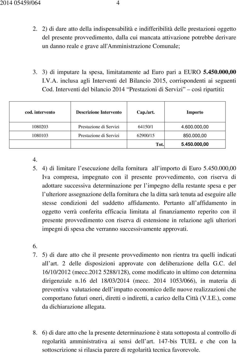 all'amministrazione Comunale; 3. 3) di imputare la spesa, limitatamente ad Euro pari a EURO 5.450.000,00 I.V.A. inclusa agli Interventi del Bilancio 2015, corrispondenti ai seguenti Cod.