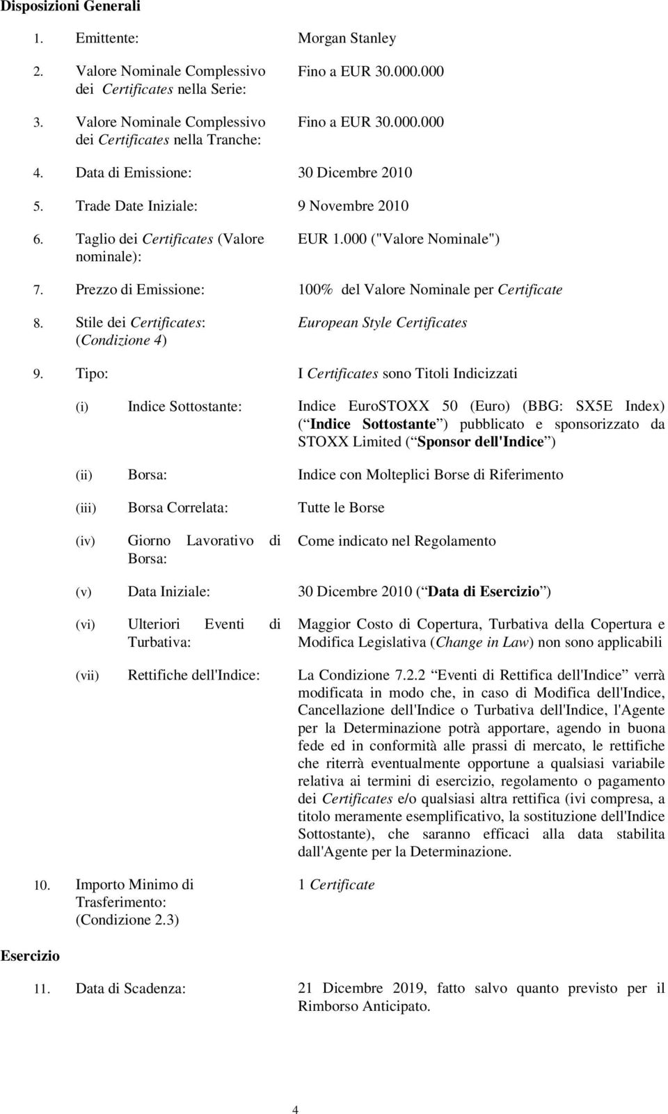 Prezzo di Emissione: 100% del Valore Nominale per Certificate 8. Stile dei Certificates: (Condizione 4) European Style Certificates 9.