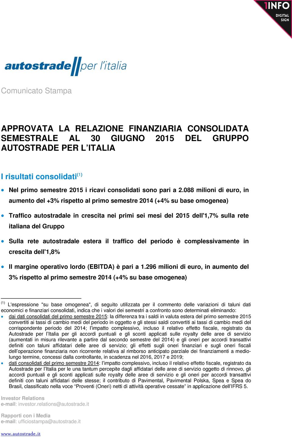 088 milioni di euro, in aumento del +3% rispetto al primo semestre 2014 (+4% su base omogenea) Traffico autostradale in crescita nei primi sei mesi del 2015 dell'1,7% sulla rete italiana del Gruppo