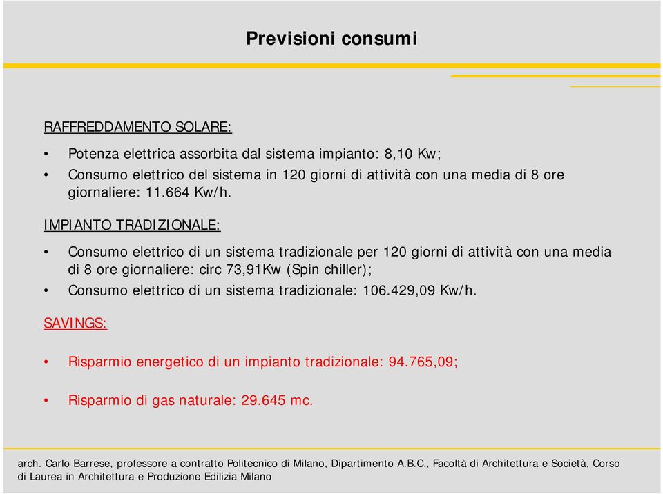 IMPIANTO TRADIZIONALE: Consumo elettrico di un sistema tradizionale per 120 giorni di attività con una media di 8 ore giornaliere: