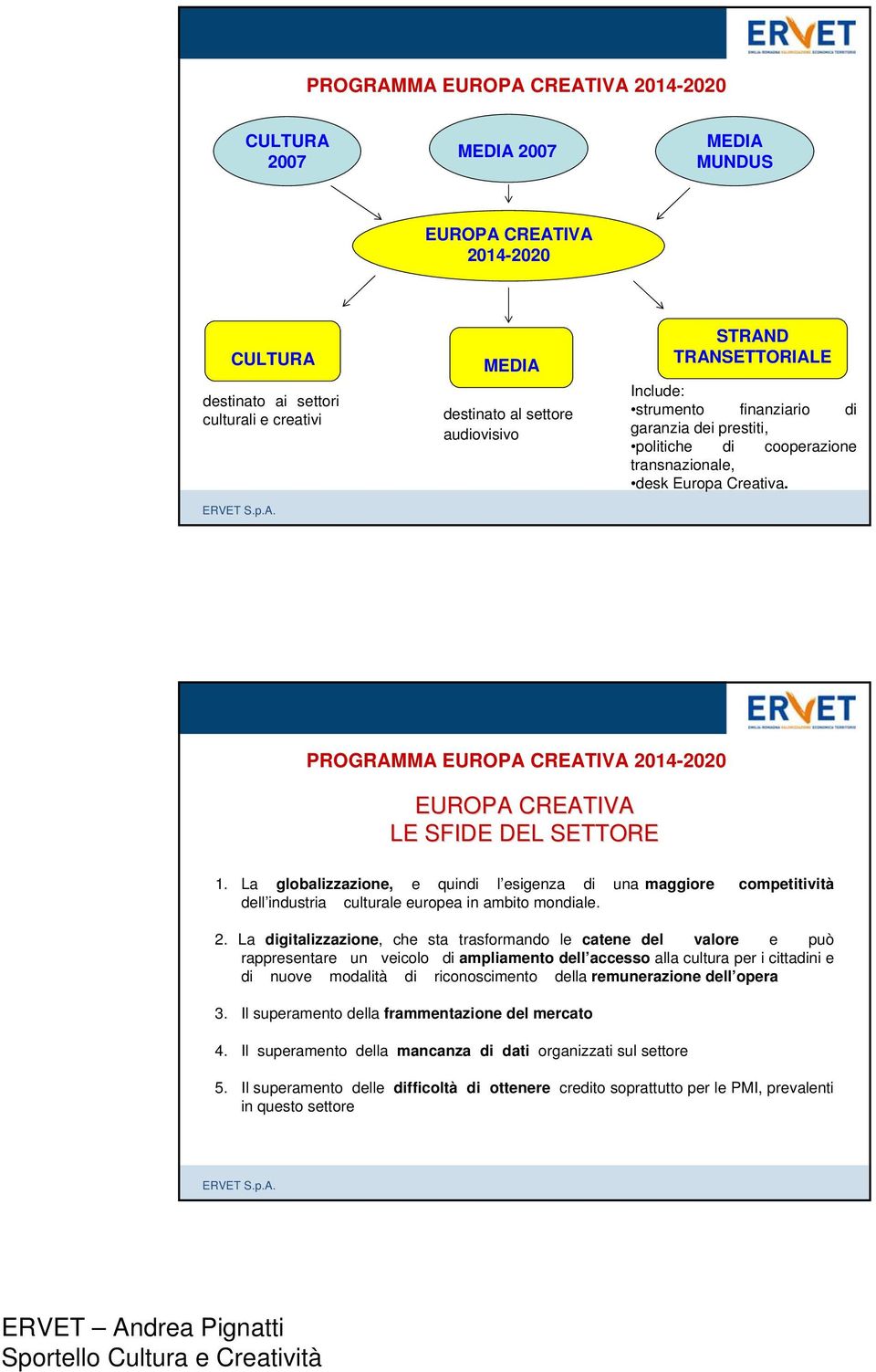 PROGRAMMA EUROPA CREATIVA 2014-2020 EUROPA CREATIVA LE SFIDE DEL SETTORE 1. La globalizzazione, e quindi l esigenza di una maggiore competitività dell industria culturale europea in ambito mondiale.