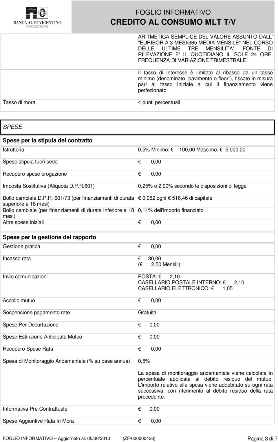 Il tasso di interesse è limitato al ribasso da un tasso minimo (denominato "pavimento o floor"), fissato in misura pari al tasso iniziale a cui il finanziamento viene perfezionato Tasso di mora 4