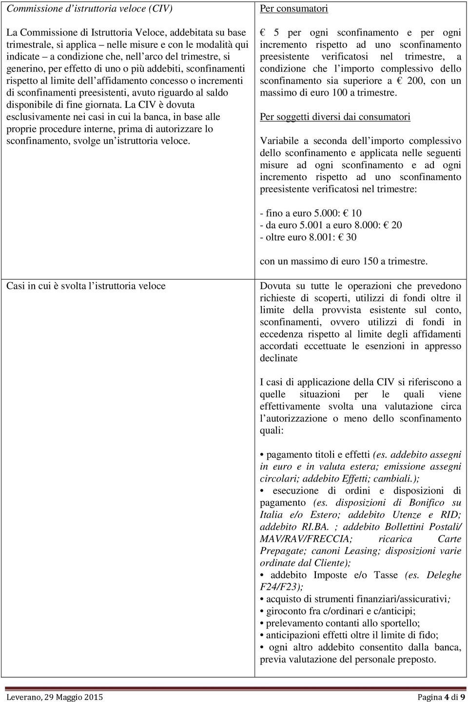 di fine giornata. La CIV è dovuta esclusivamente nei casi in cui la banca, in base alle proprie procedure interne, prima di autorizzare lo sconfinamento, svolge un istruttoria veloce.