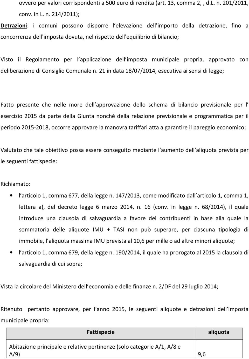 214/2011); Detrazioni: i comuni possono disporre l elevazione dell importo della detrazione, fino a concorrenza dell'imposta dovuta, nel rispetto dell'equilibrio di bilancio; Visto il Regolamento per