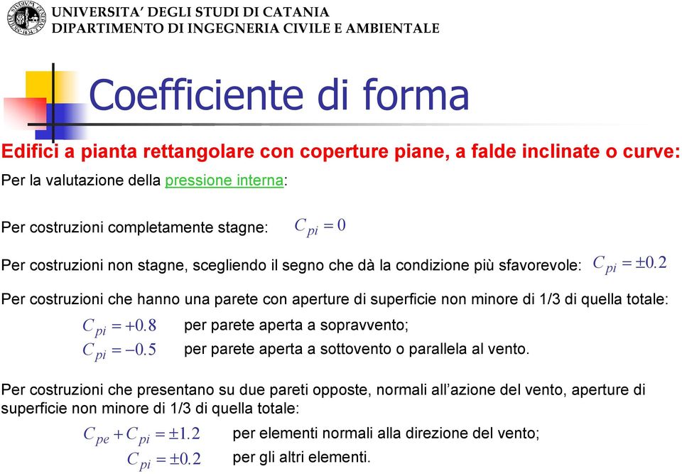 2 Per costruioni che hanno una parete con aperture di superficie non minore di 1/3 di quella totale: C pi = +0.8 C pi = 0.