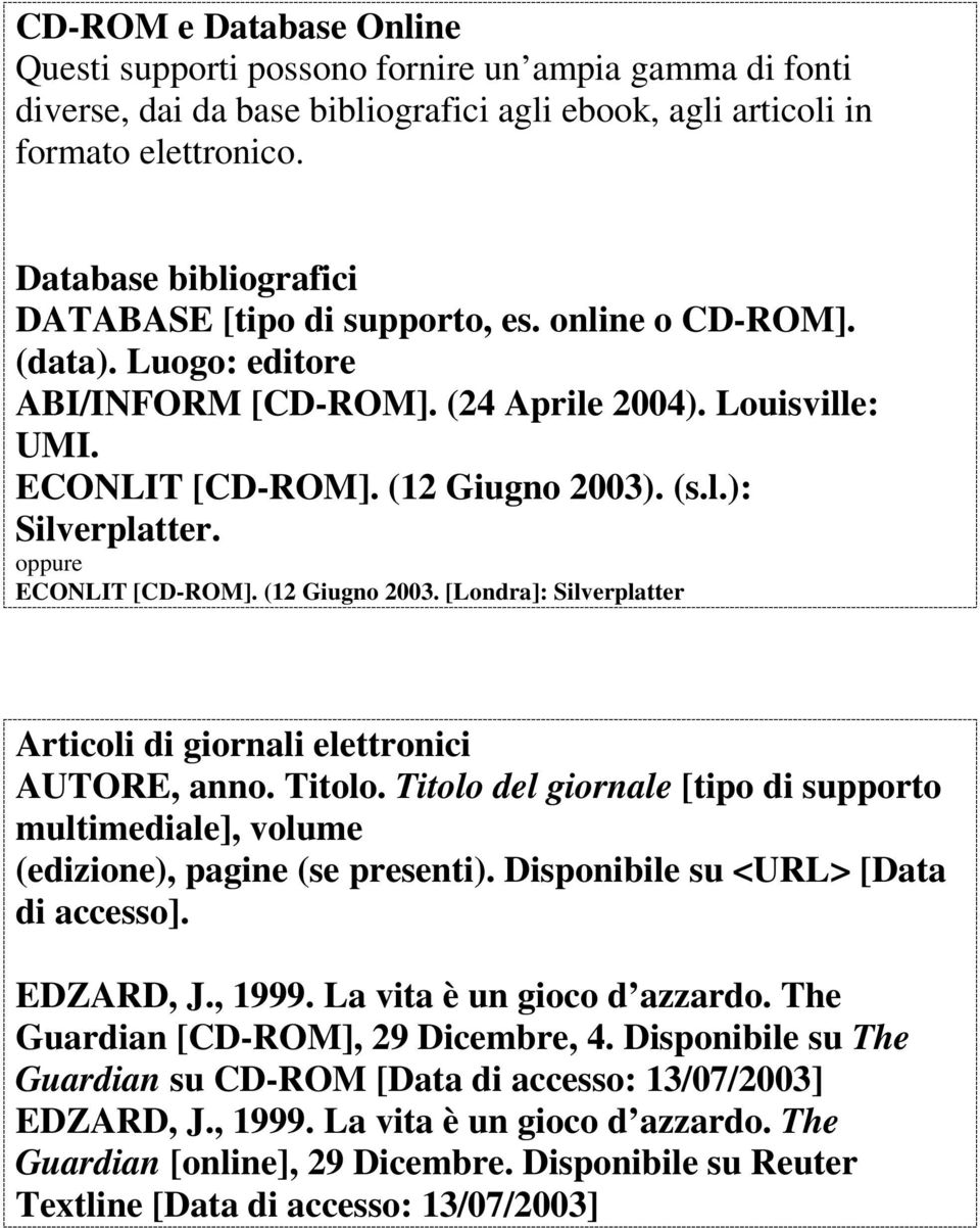 oppure ECONLIT [CD-ROM]. (12 Giugno 2003. [Londra]: Silverplatter Articoli di giornali elettronici AUTORE, anno. Titolo.