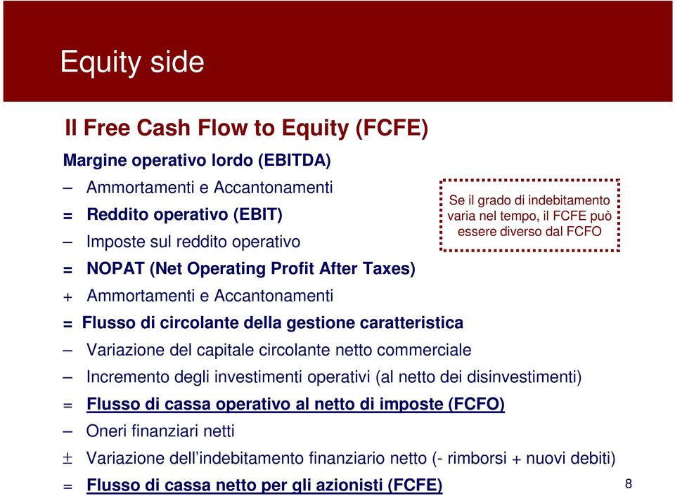 grado di indbiamno varia nl mpo, il FCFE può ssr divrso dal FCFO Incrmno dgli invsimni opraivi (al no di disinvsimni) = Flusso di cassa opraivo al