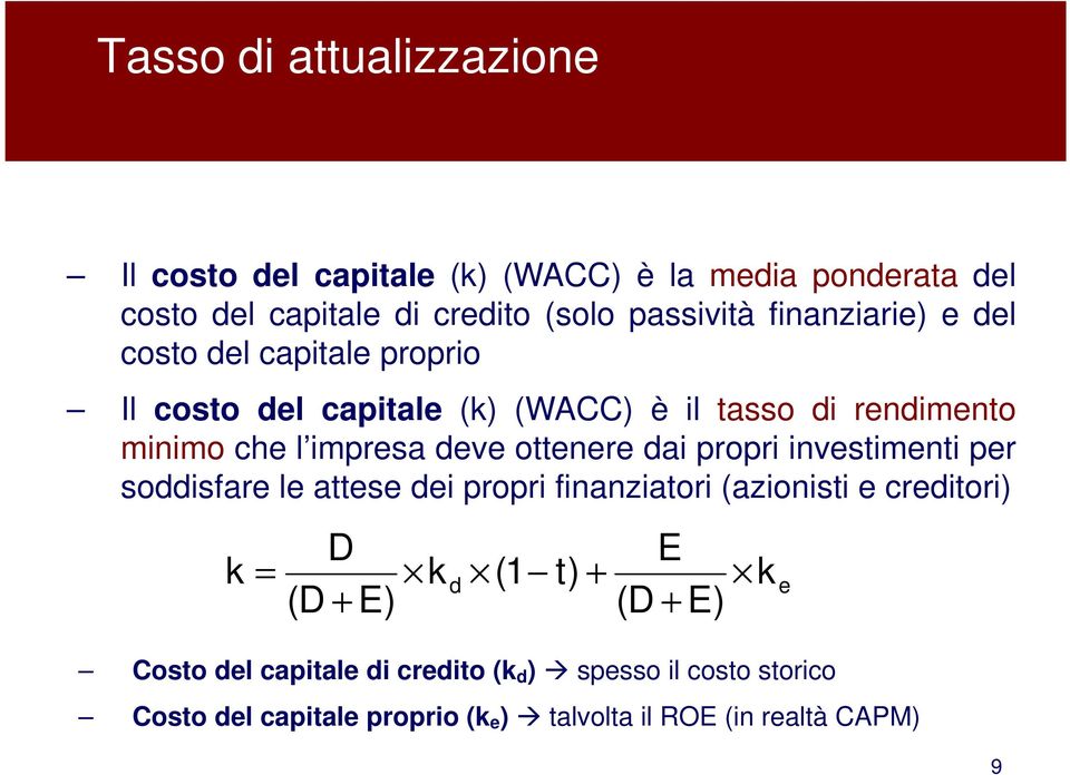 onr dai propri invsimni pr soddisfar l as di propri finanziaori (azionisi crdiori) D E k = k (1 ) + (D + E) (D +