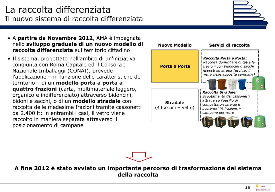 territorio di un modello porta a porta a quattro frazioni (carta, multimateriale leggero, organico e indifferenziato) attraverso bidoncini, bidoni e sacchi, o di un modello stradale con raccolta